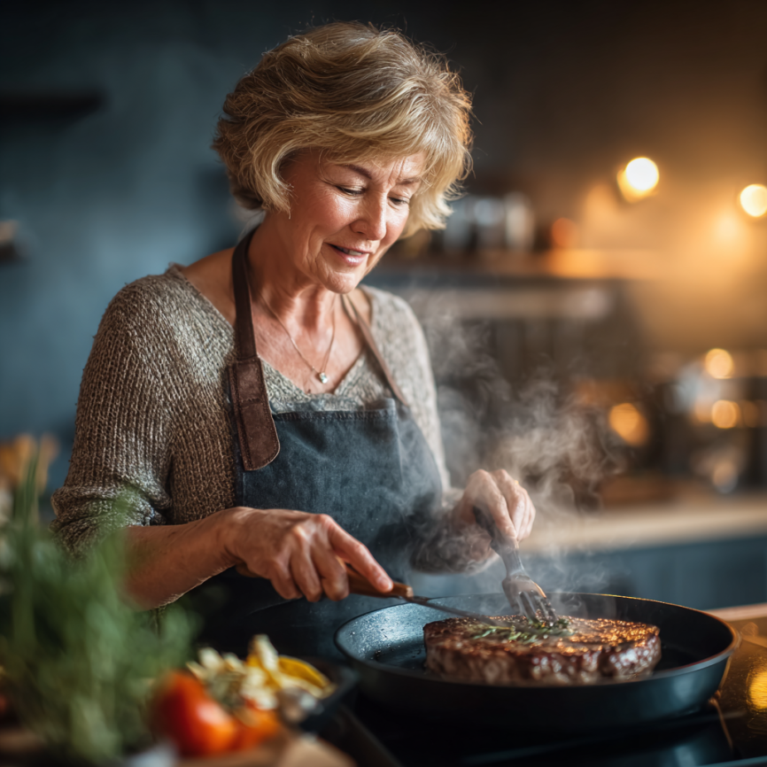 Старша жінка готує здорову їжу на кухні