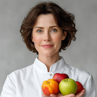 Чоловік середнього віку з корзиною свіжих овочів та фруктів